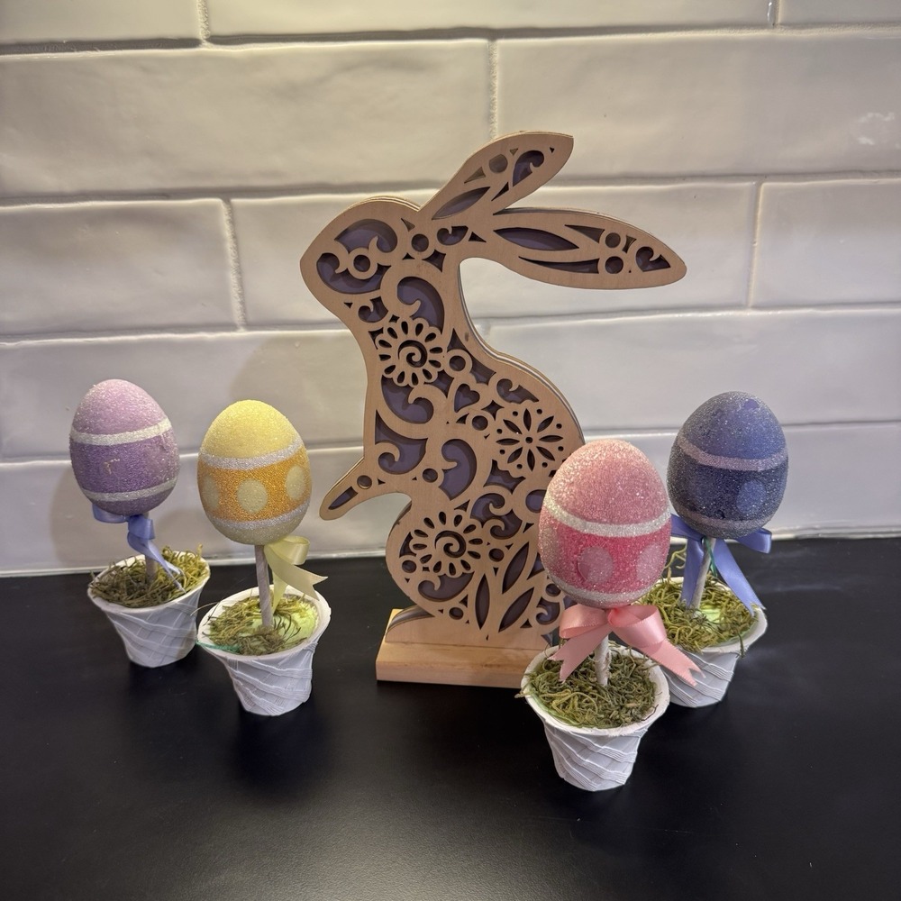 Wooden Rabbit & Set of 4 Easter‎ Egg Tree Table Decor